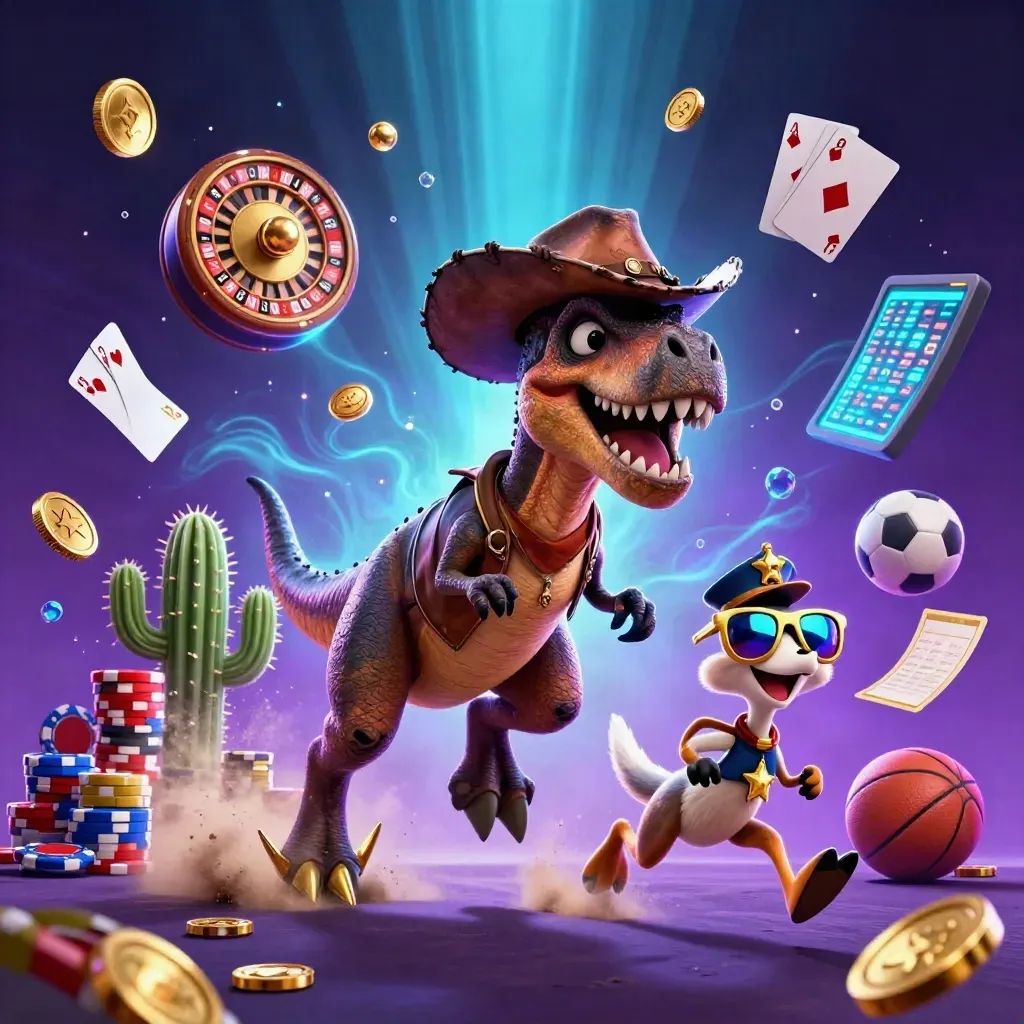 3D cowboy T-Rex trio with casino effects, coins, chips, roulette wheel, and neon glow