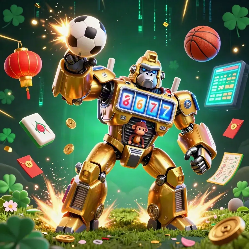 Golden gorilla mech hurls a soccer ball amid casino symbols in a neon emerald arena.