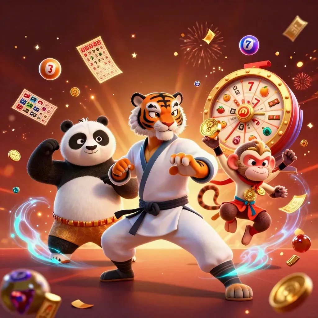 Kung-fu tiger, panda, and monkey amid casino game bursts, neon cyan glow, ember-lit fantasy scene