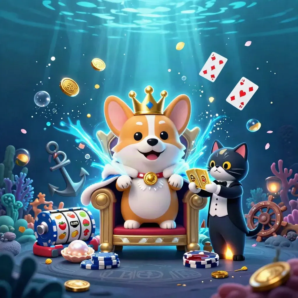 Royal corgi and cat butler atop poker chips underwater, surrounded by coins, coral, cards, and glowing casino relics.