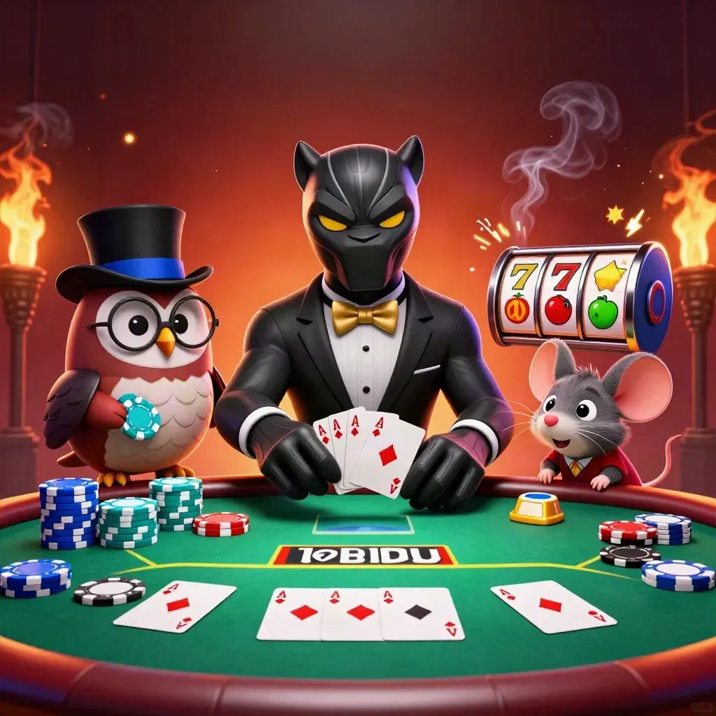 Black panther, owl, and mouse playing poker amid glowing chips and slot reels